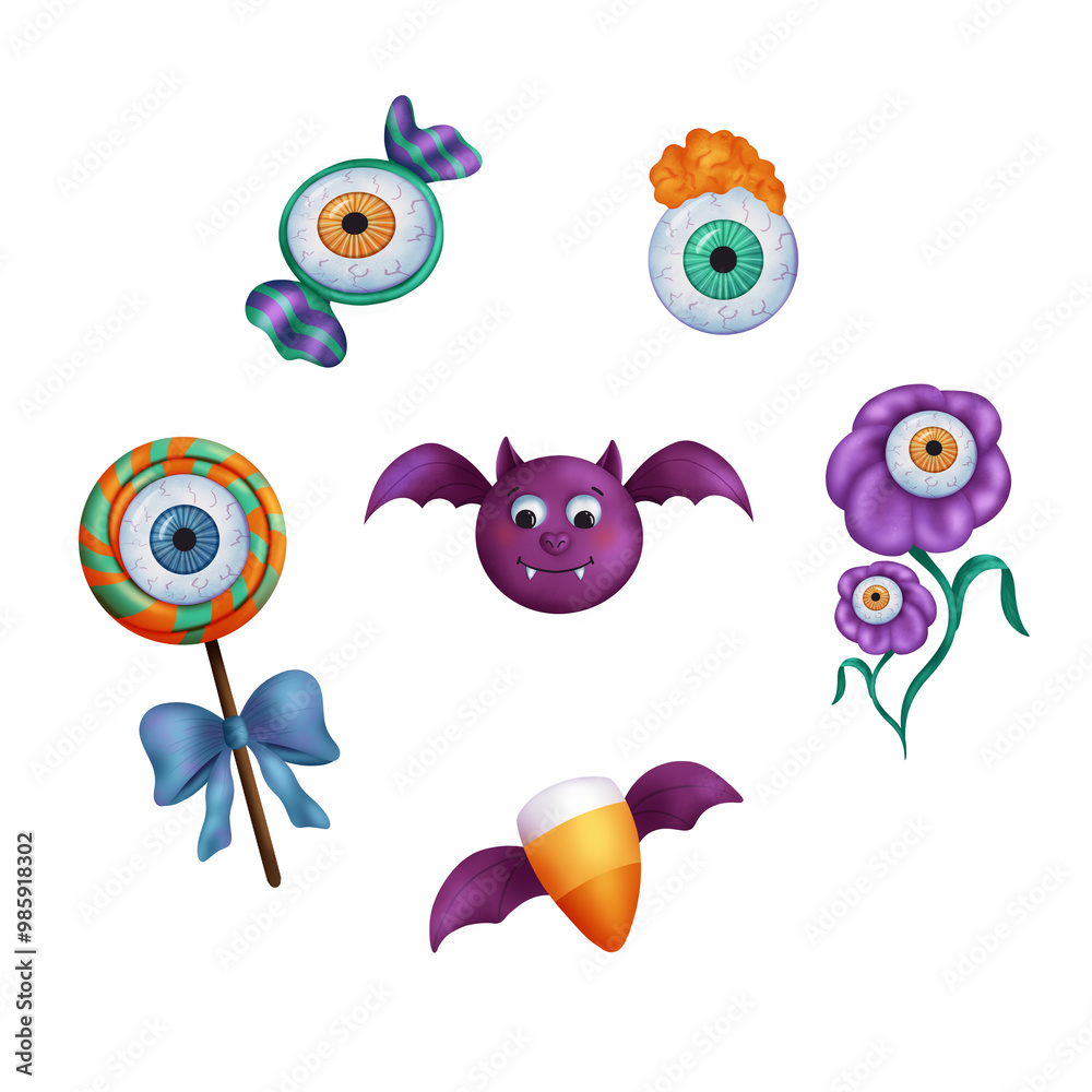 Set of cute Halloween elements. A bat, eyeball candy, eye flower, crazy corn. Set of cute Halloween elements. A bat, eyeball candy, eye flower, crazy corn.