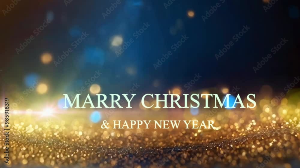 Animation text MERRY CHRISTMAS AND HAPPY NEW YEAR with golden light shine particles bokeh and light lens flare on navy blue background. Animation text MERRY CHRISTMAS AND HAPPY NEW YEAR with golden light shine particles bokeh and light lens flare on navy blue background.