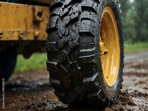 Close-up of a muddy construction vehicle tire in rainy conditions.