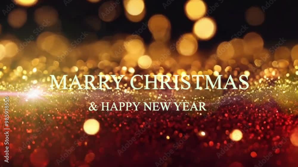 Animation text MERRY CHRISTMAS AND HAPPY NEW YEAR with golden light shine particles bokeh and light lens flare on navy red background. Animation text MERRY CHRISTMAS AND HAPPY NEW YEAR with golden light shine particles bokeh and light lens flare on navy red background.