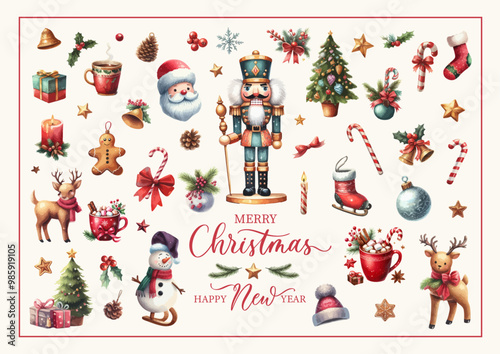 Classic Christmas watercolor greeting illustration with funny nutcracker, Santa Claus, snowman. Big Christmas collection in Scandinavian style with traditional Christmas and New Year elements.