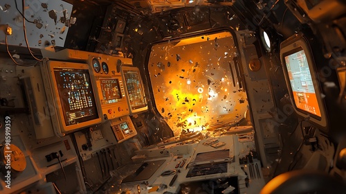 Fototapeta Naklejka Na Ścianę i Meble -  A spaceship interior with a large explosion visible through a broken window.