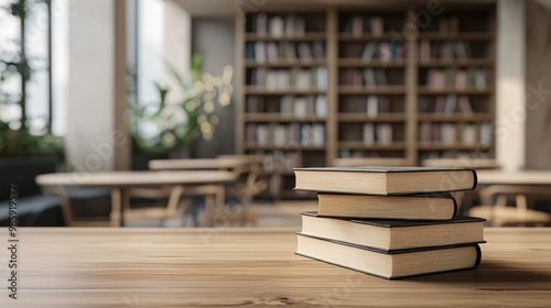 Stack of Books on Wooden Table in Educational Setting