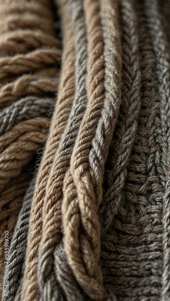 Close-up of chunky knit wool in beige and gray tones, showcasing cozy loops. Close-up of chunky knit wool in beige and gray tones, showcasing cozy loops.