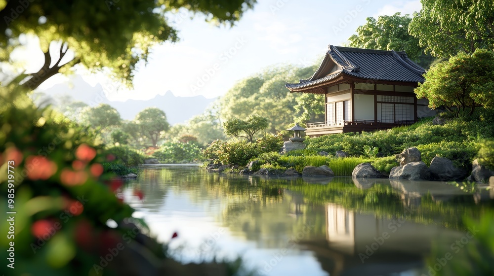 Serene Japanese Garden with Traditional House and Pond Serene Japanese Garden with Traditional House and Pond