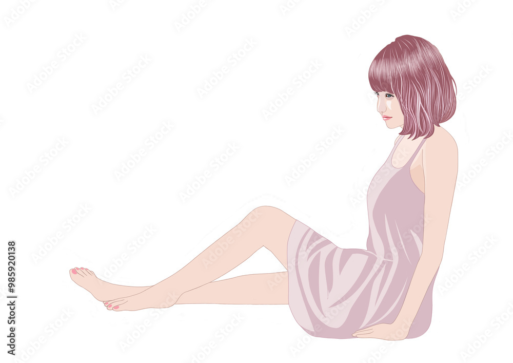 Fototapeta premium 片膝立てて床に座る少女イラスト