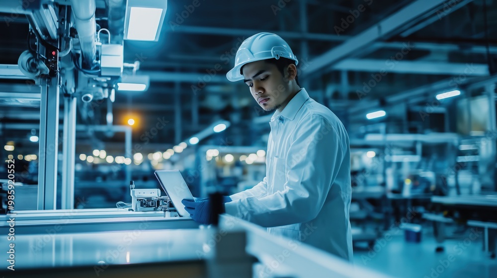 A dedicated worker focuses intently on installing advanced equipment in a clean factory, surrounded by complex machines and bright lighting A dedicated worker focuses intently on installing advanced equipment in a clean factory, surrounded by complex machines and bright lighting