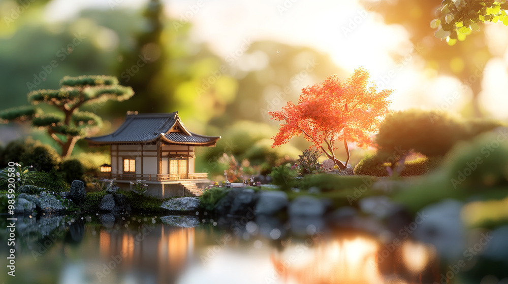 Japanese Zen Garden with Traditional House and Red Maple Tree Japanese Zen Garden with Traditional House and Red Maple Tree