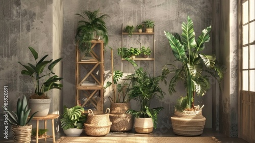 stylish indoor collection of lush green houseplants arranged on a shelf and floor, Houseplant Appreciation Day