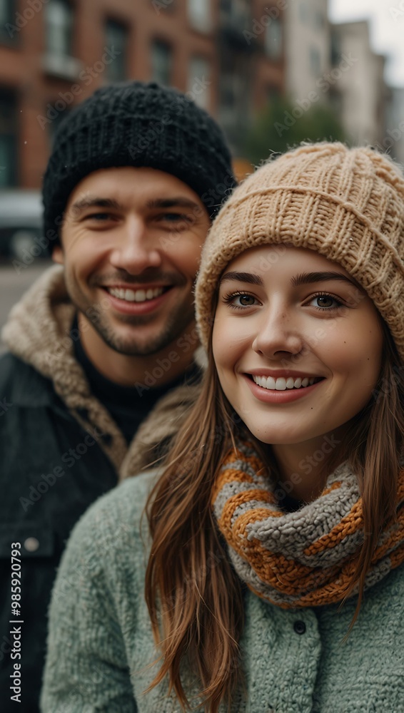 Close-up of friends wearing winter hats, smiling in a city. Close-up of friends wearing winter hats, smiling in a city.