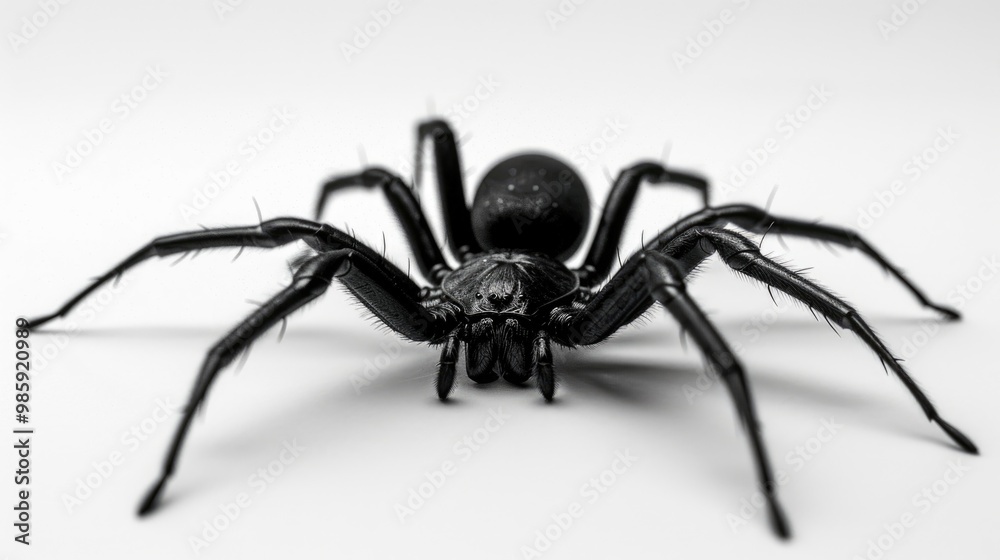 A close-up shot of a black spider sitting on a white surface A close-up shot of a black spider sitting on a white surface