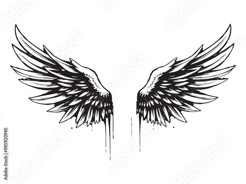 Angel wings in grunge style. Black and white vector illustration.