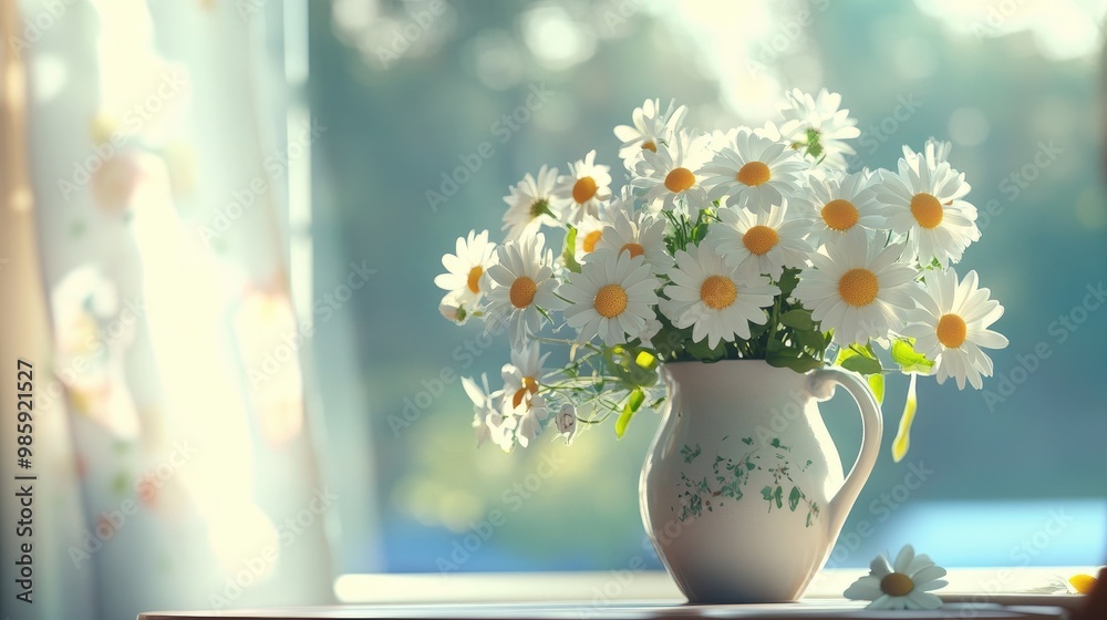 A bouquet of fresh daisies in a ceramic vase, adding charm to a bright, sunlit breakfast nook