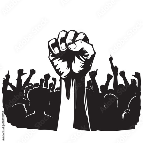 Raised fist vector illustration. Black and white symbol of protest or revolution.