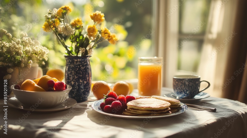 A breakfast table set with pancakes, fresh fruit, orange juice, and coffee, bathed in the soft morning light A breakfast table set with pancakes, fresh fruit, orange juice, and coffee, bathed in the soft morning light