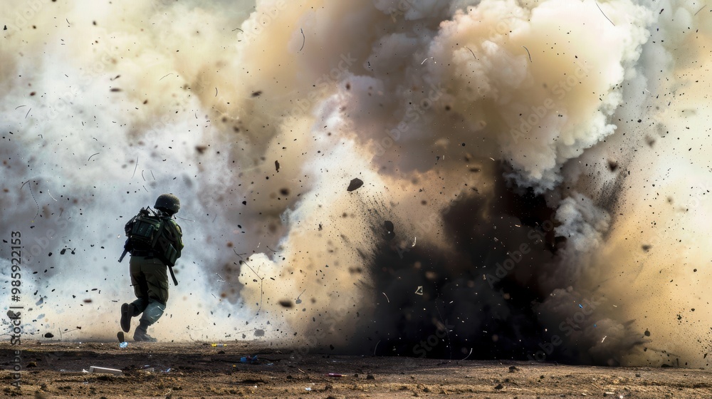 Fototapeta premium Soldier running from explosion on battlefield during combat training exercise