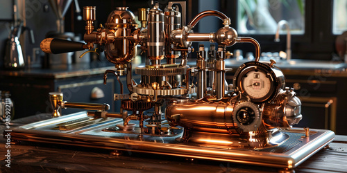 The image is of a steampunkstyle coffee machine The machine is made of copper and brass and has a variety of gauges and levers
 photo