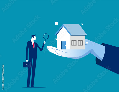 Property appraisal or price evaluation, housing assessment for market value, residential sale, rating or real estate review concept, businessman appraiser magnifier review property with star rating.