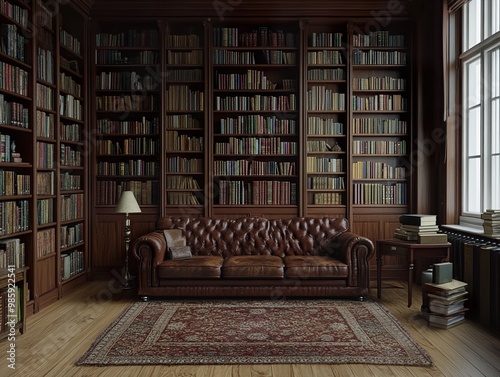 Classic Library Interior Design with Leather Sofa and Bookshelves