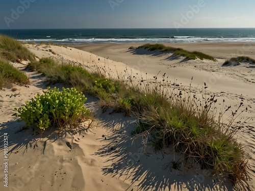 Coastal vegetation on dunes by the sea.