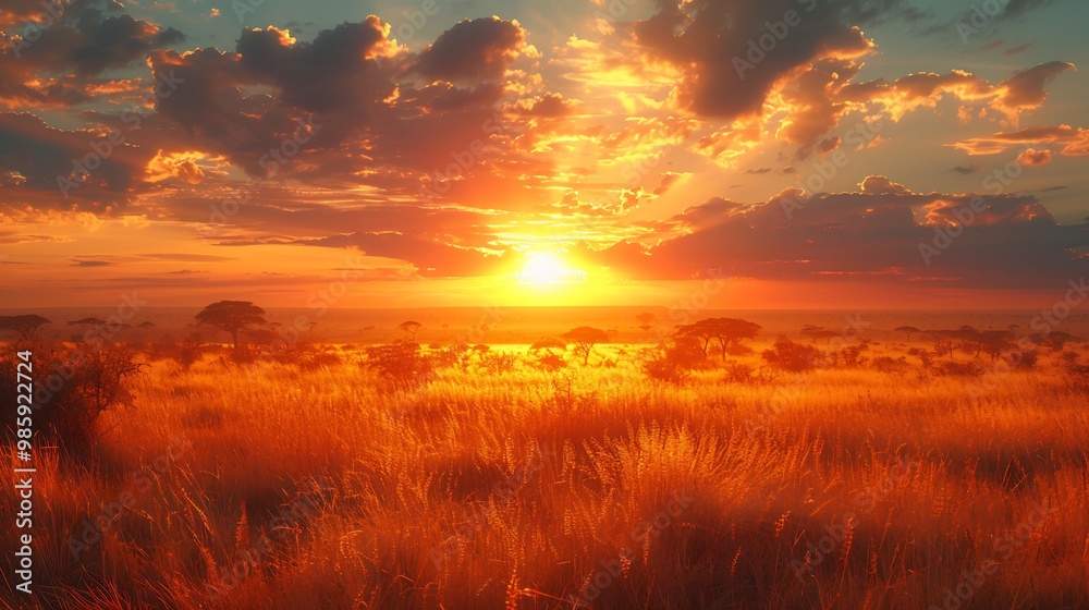 Expansive savanna landscape tall grass acacia trees and a golden sunset on the horizon perfect for wildlife or naturethemed backgrounds Expansive savanna landscape tall grass acacia trees and a golden sunset on the horizon perfect for wildlife or naturethemed backgrounds