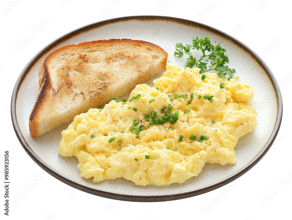 Scrambled eggs with toast on plate, garnished with fresh herbs, create delicious breakfast scene Scrambled eggs with toast on plate, garnished with fresh herbs, create delicious breakfast scene