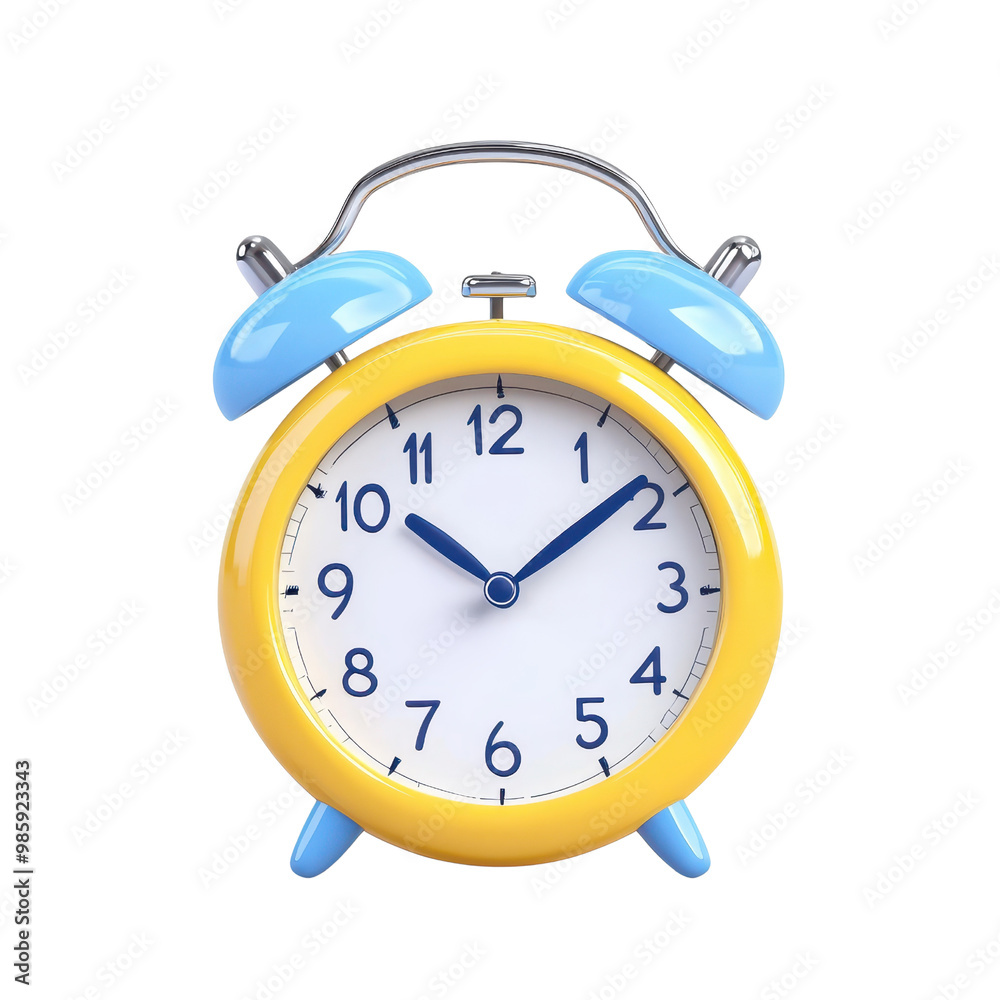 A bright yellow alarm clock with blue accents, perfect for adding a cheerful touch to your home decor or office., isolated on a transparent background. A bright yellow alarm clock with blue accents, perfect for adding a cheerful touch to your home decor or office., isolated on a transparent background.