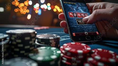 A close-up of a hand tightly gripping a smartphone showing a gambling app, with credit card details and a pile of casino chips on a table in the foreground. photo