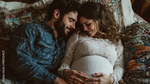 A couple lies closely on a bed, sharing a tender moment. The man, wearing a denim shirt, gently leans toward the pregnant woman, who rests her hand on her belly. The atmosphere is warm and intimate.