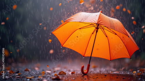 Wallpaper Mural Red Umbrella in Rain - Atmospheric Photo of Umbrella Floating in Rainfall for Weather, Nature, and Mood Concepts Torontodigital.ca