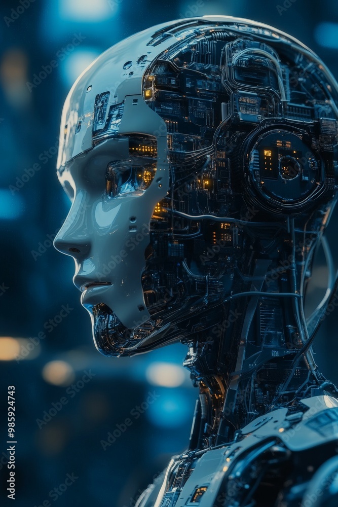 Futuristic humanoid robot with intricate circuitry and glowing components Futuristic humanoid robot with intricate circuitry and glowing components