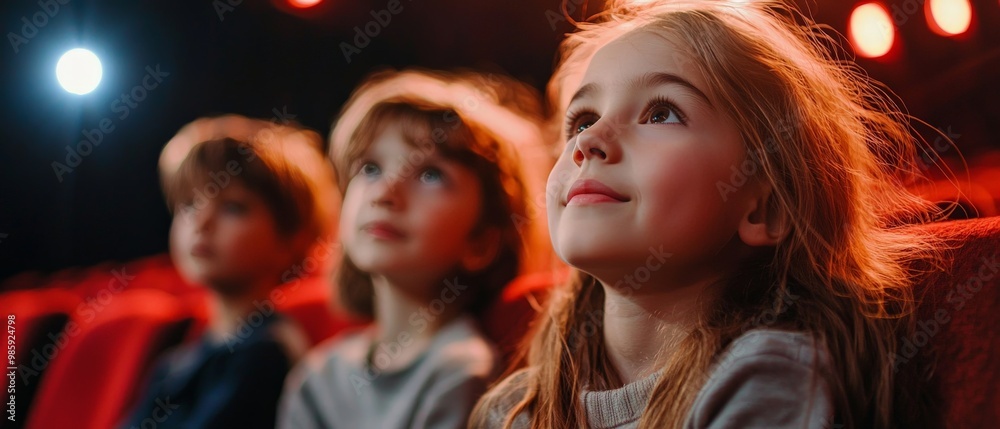 Three children watching a movie in a theater with captivated expressions Three children watching a movie in a theater with captivated expressions