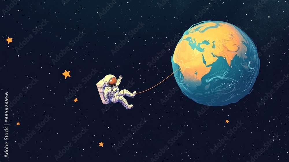 Fototapeta premium Cartoon astronaut floating weightlessly in space attached to a large Earth-shaped balloon surrounded by stars in a whimsical, playful style
