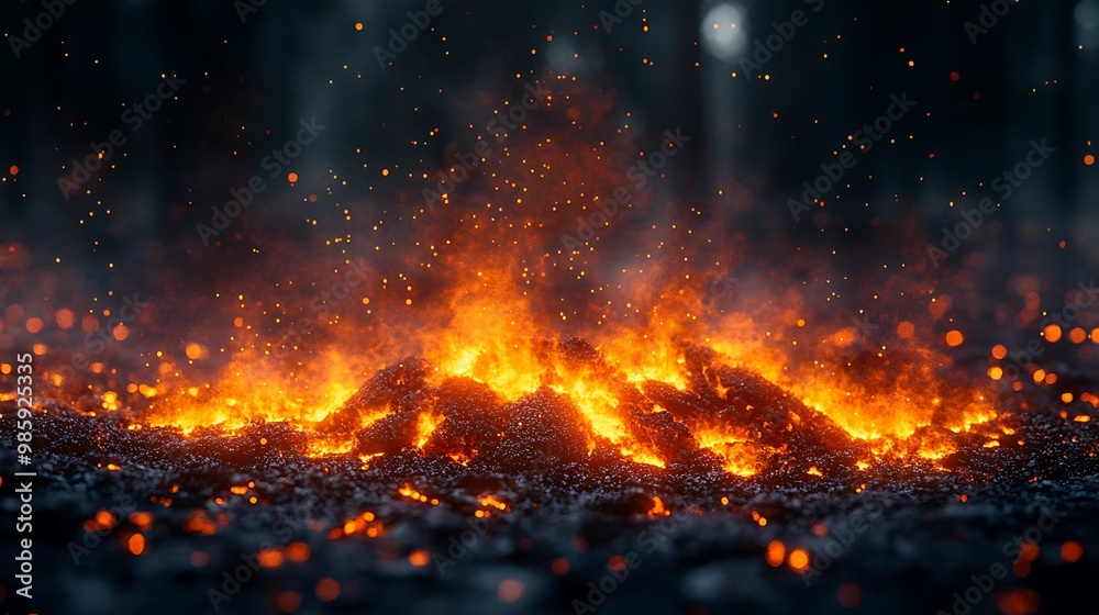 A close-up shot of a fire burning in the forest, with embers and smoke rising into the air. A close-up shot of a fire burning in the forest, with embers and smoke rising into the air.