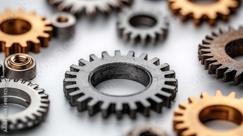 Close-up view of various metal gears showcasing intricate designs and textures for mechanical and industrial themes