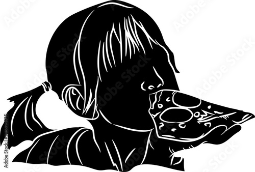 Hand-drawn silhouette of a woman eating pizza