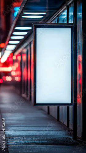 Illuminated blank advertising space on a vibrant city sidewalk at night with colorful reflections and a modern urban atmosphere