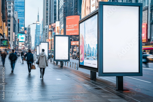 Busy street scene in a vibrant metropolitan area featuring blank billboards and pedestrians during early evening in an urban environment