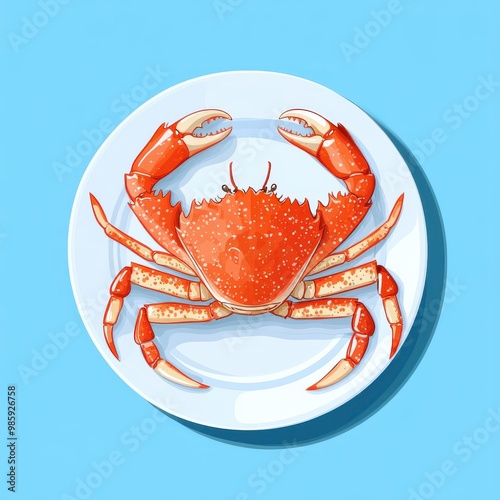 Cooked crab on white plate with blue background 