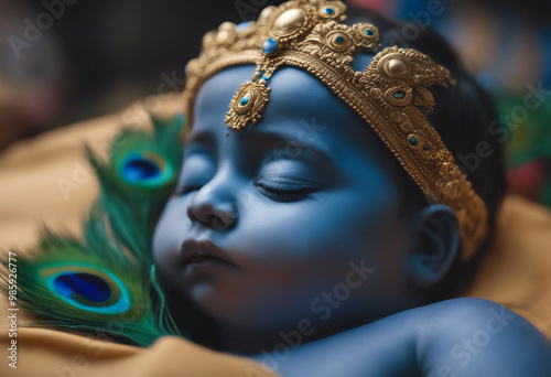 Cute little sleeping baby Krishna with blue skin and peacock feather Hindu god Lord Krishna Krishna photo