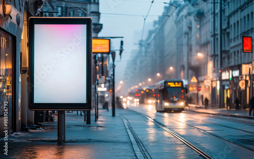 City street at twilight featuring an empty advertising board and a tram in motion among illuminated buildings and wet pavement