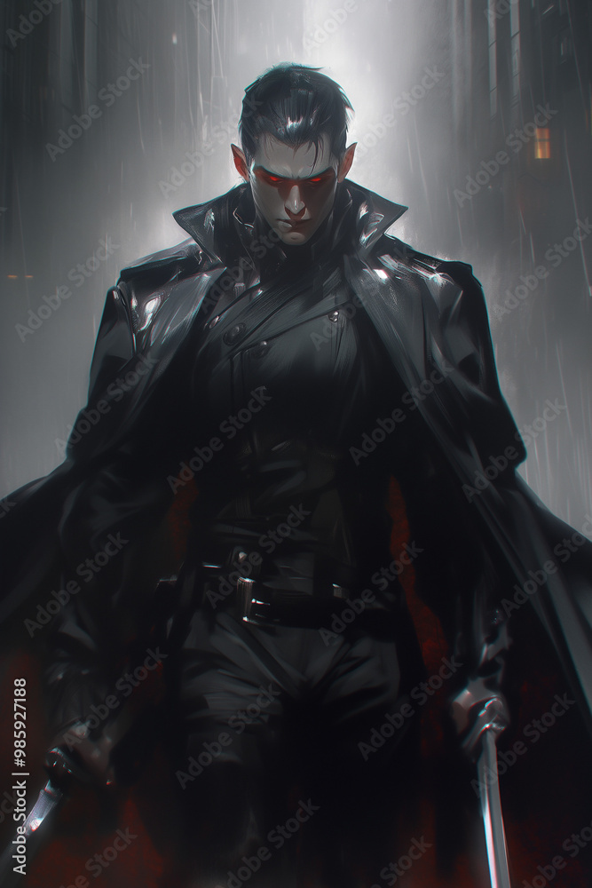 dark vampire male warrior standing in the rain with glowing red eyes and dual swords dark vampire male warrior standing in the rain with glowing red eyes and dual swords