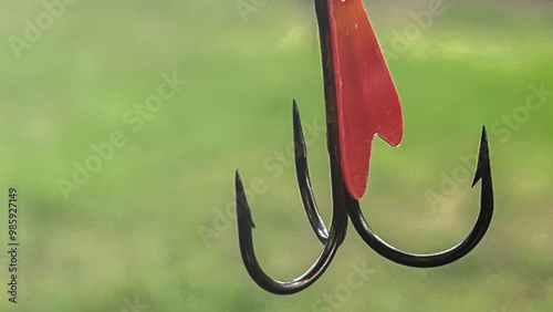 A fishing hook with a red and orange tail is hanging from a tree. The hook is made of metal and has three prongs. The image has a peaceful and serene mood, as it captures a moment of nature photo