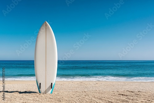 Aesthetic photo of  white blank surfboard mockup on sandy beach