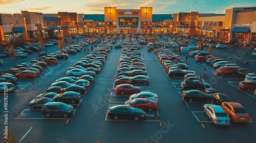 Sunset Over Busy Shopping Center Parking Lot
