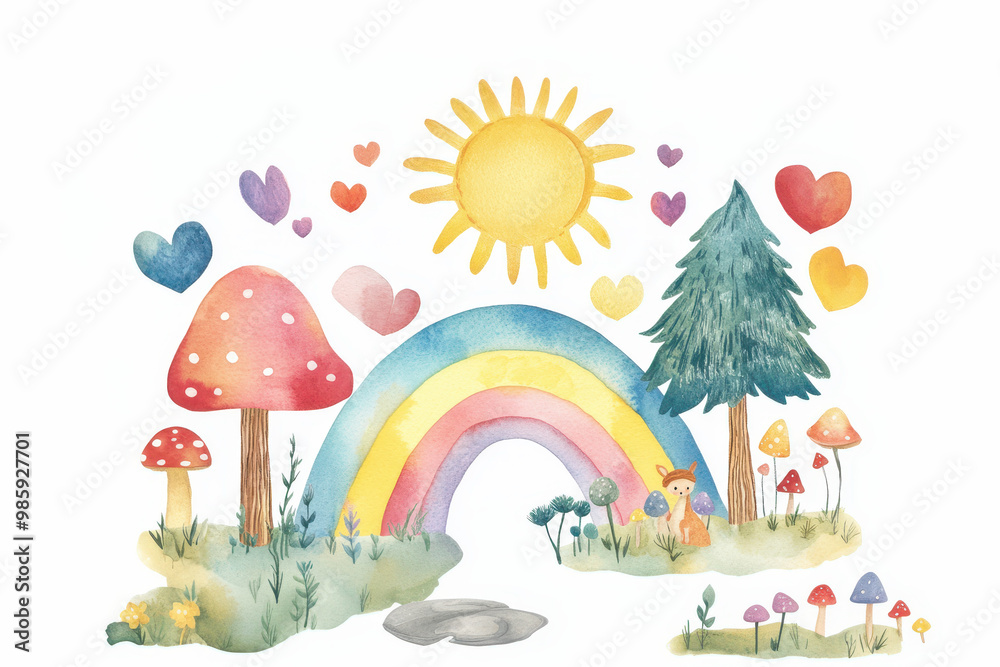 A whimsical watercolor illustration of a rainbow arching across the sky, with vibrant colors and playful shapes representing trees, flowers, animals.
