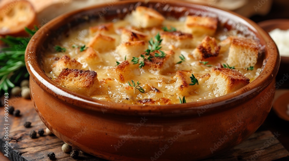 French onion soup a golden layer of melted cheese and croutons served in a rustic ceramic bowl French onion soup a golden layer of melted cheese and croutons served in a rustic ceramic bowl