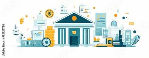 Modern Bank Illustration with Financial Elements