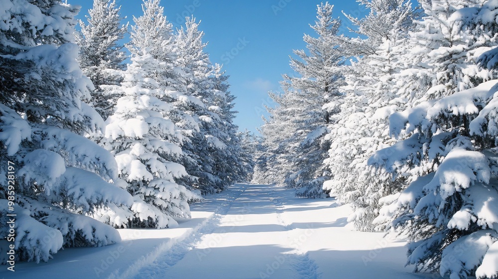 Snow-Covered Pathway in Serene Winter Landscape Snow-Covered Pathway in Serene Winter Landscape