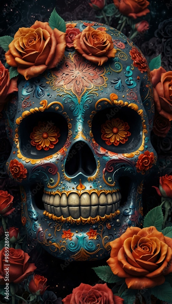 Fototapeta premium Colorful sugar skull with roses against a night graveyard.